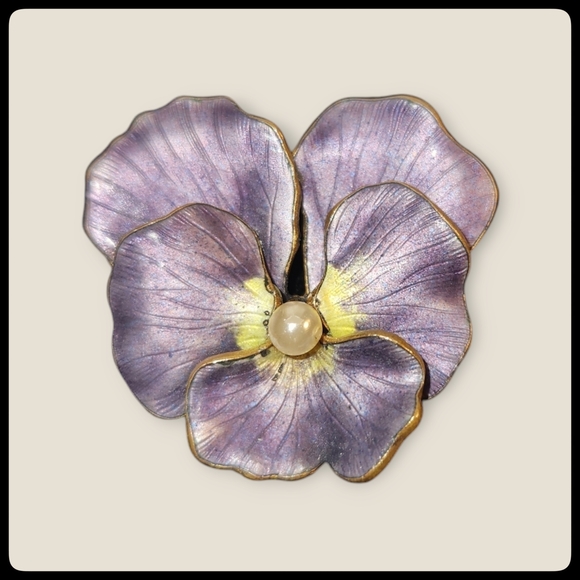 Jewelry - Antique 10K Gold, Enamel, and Pearl Art Nouveau Pansy Brooch